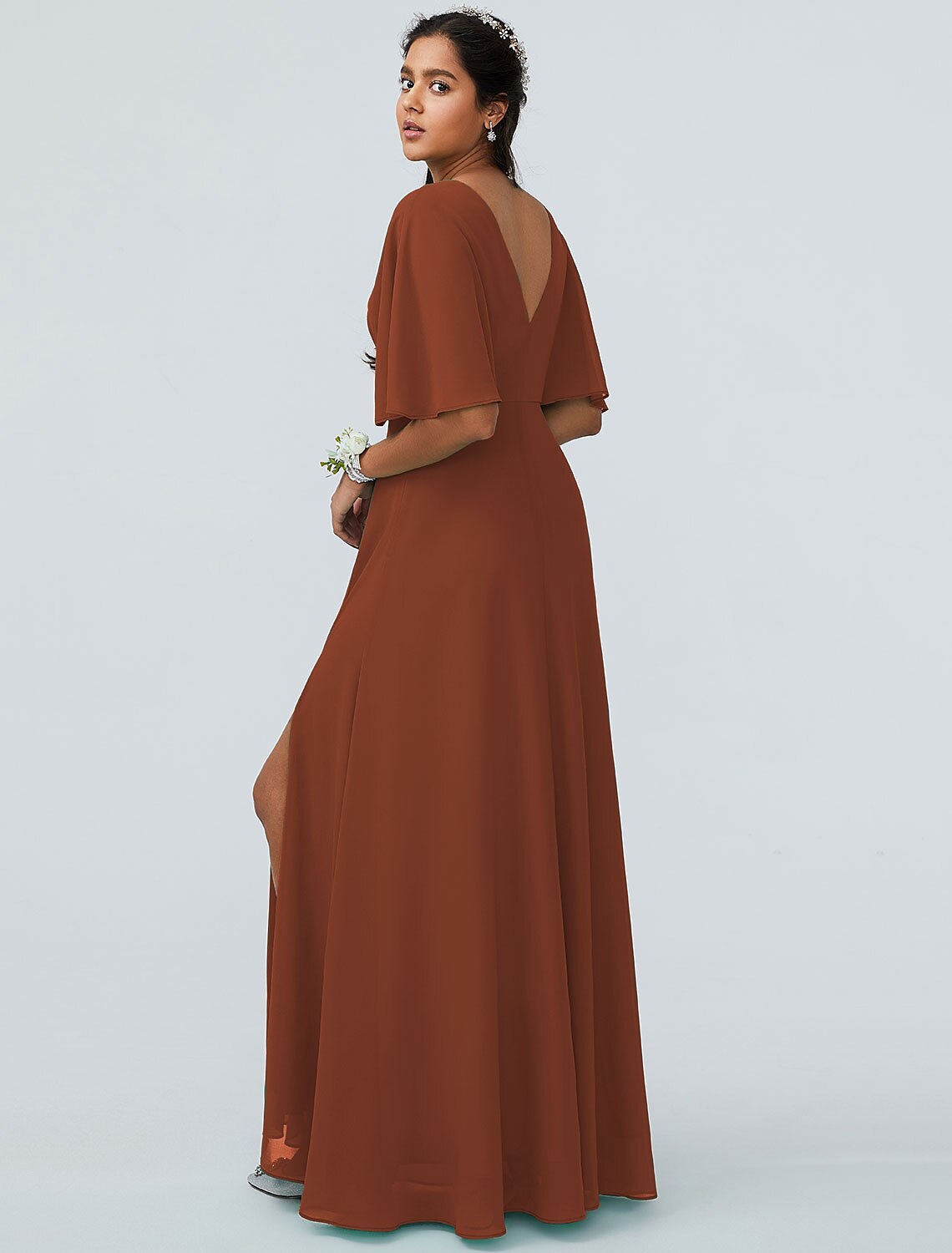 Wholesale A-Line Bridesmaid Dress V Neck Short Sleeve Elegant Floor Length Chiffon with Split